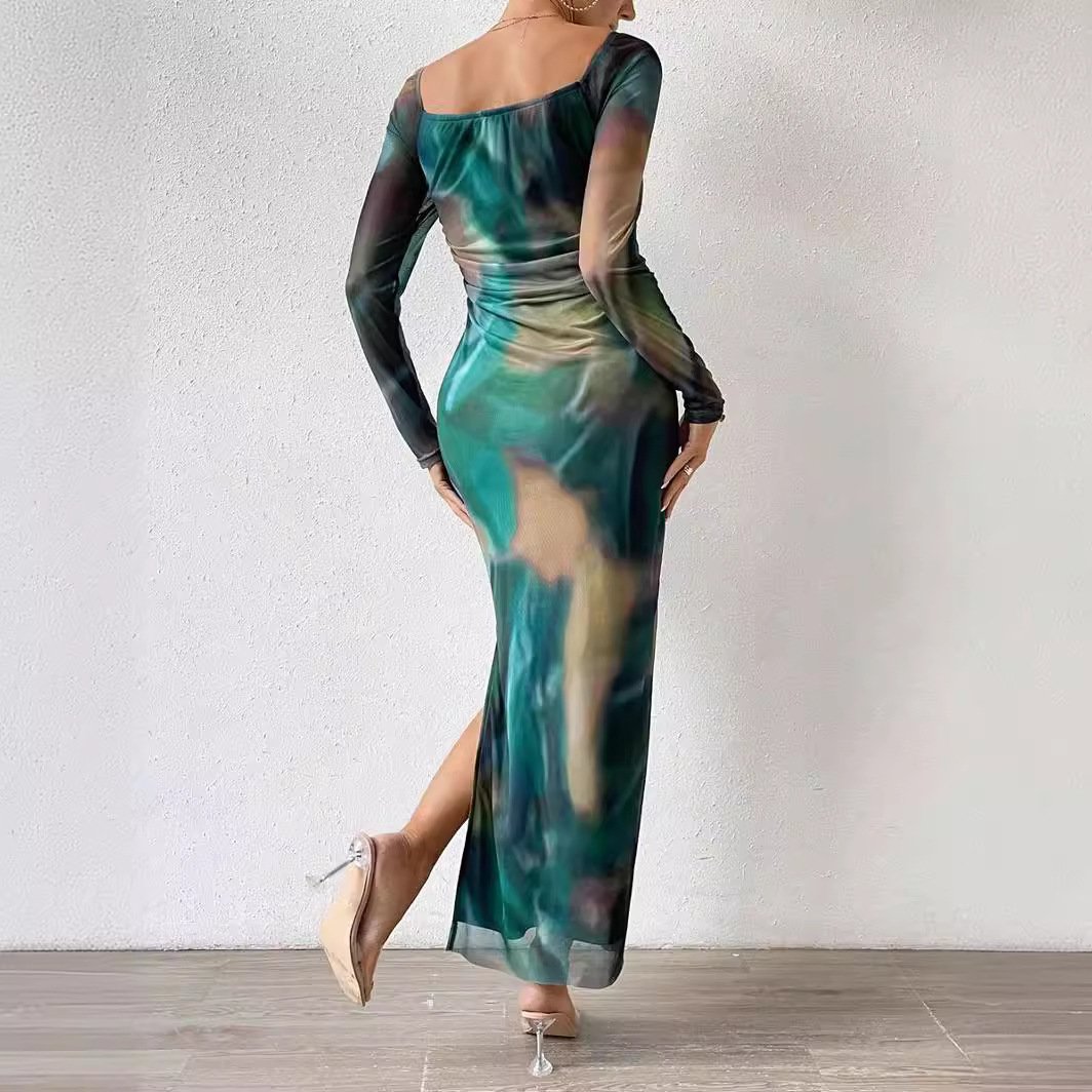 Off Shoulder Long Dress Mesh Tie Die Printed Vestidos Sexy Tight Cut Split One-piece Party Dress for Women