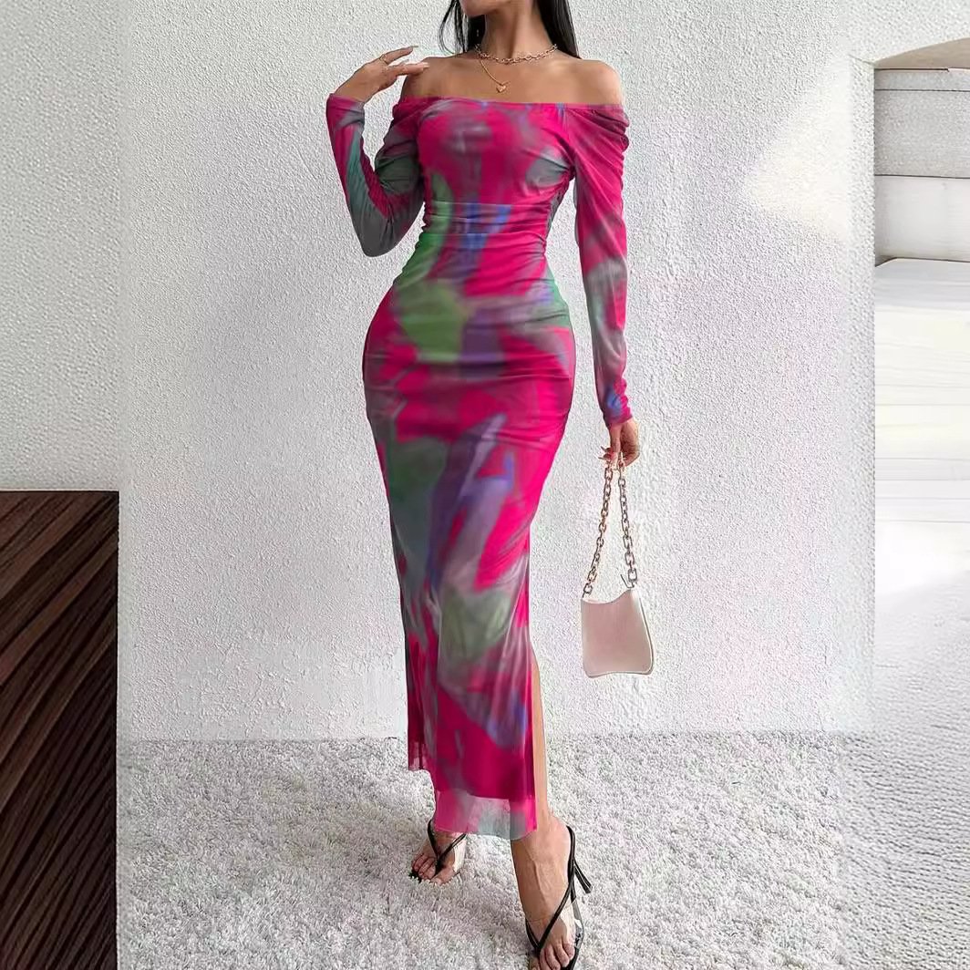 Off Shoulder Long Dress Mesh Tie Die Printed Vestidos Sexy Tight Cut Split One-piece Party Dress for Women