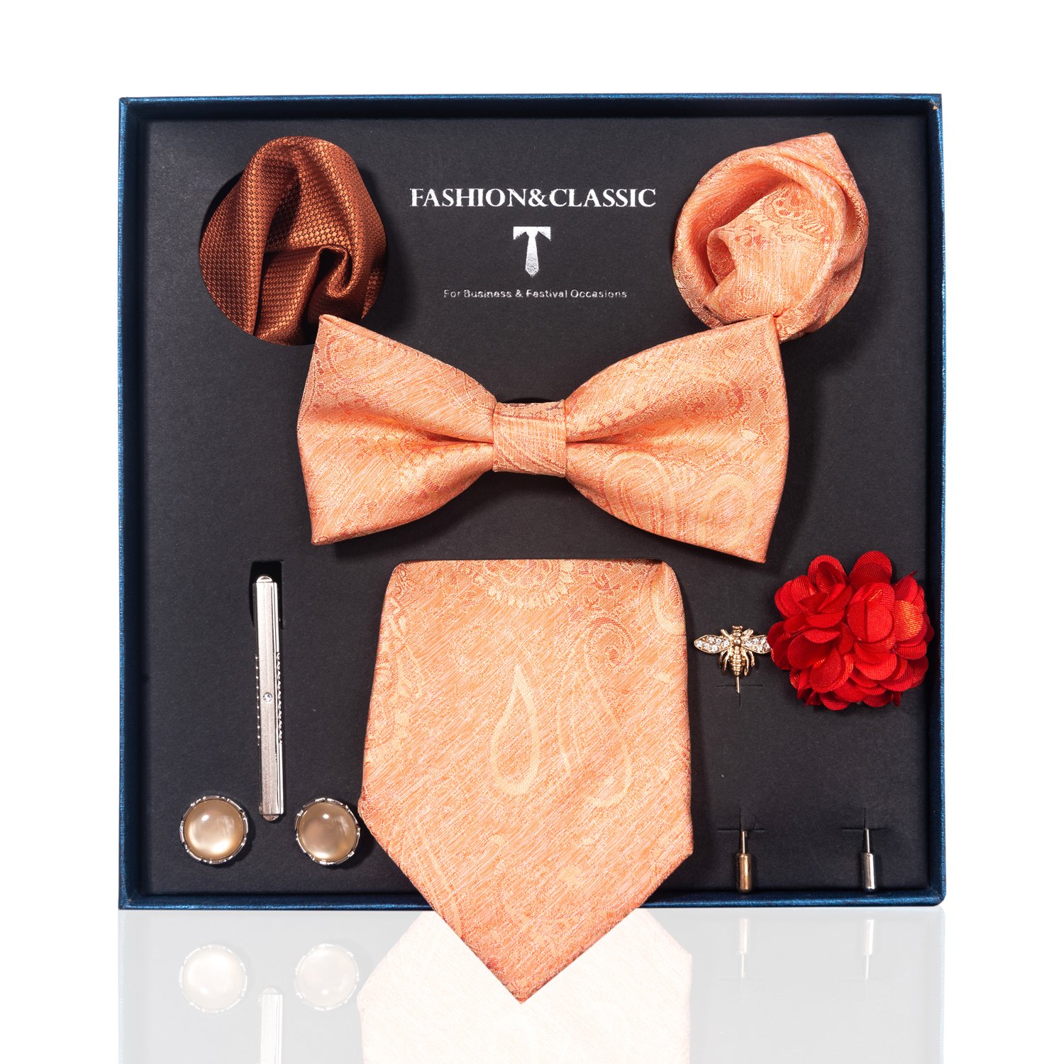 Brand Fashion Silk Ties Hanky Cufflinks Bowtie Sets 8 cm Necktie For Men Brown Paisley Fit Business Gift Box