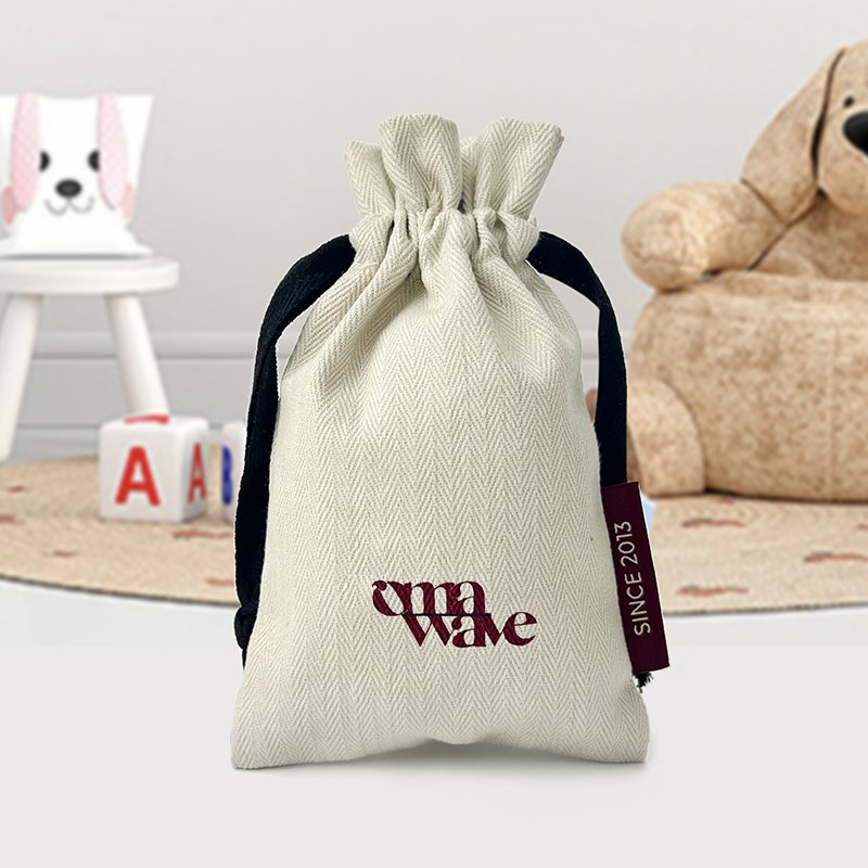 Shunfa Custom Wholesale Cotton Canvas Pouch Small Herringbone Drawstring Dust Bags with Silk Screen Printing and Woven Label