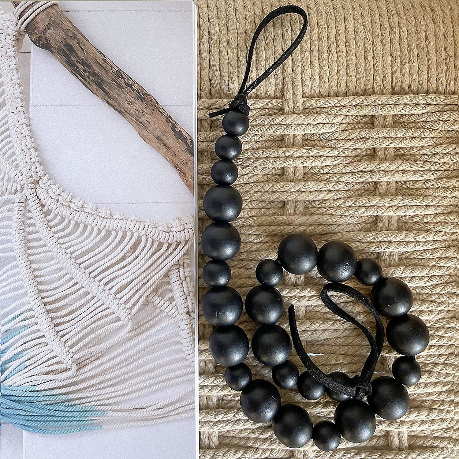 Set of 2 Boho Decor Accessories Black Wood Bead Curtain Tiebacks Holdbacks Wooden Tie Backs