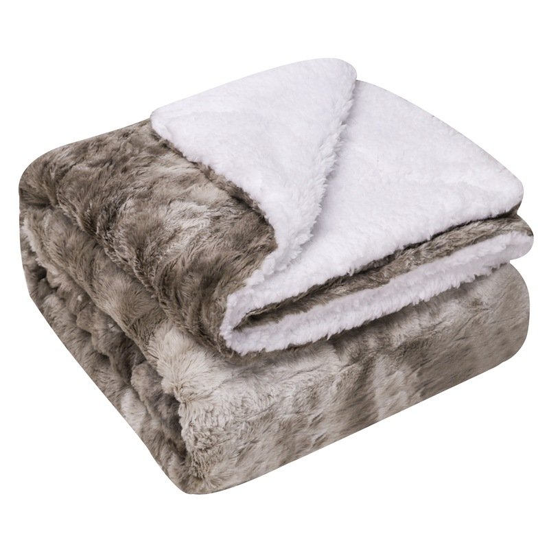 Thickened double layer weighted lamb blanket faux fur plush back print tie-dye brush floral PV fleece throw blanket