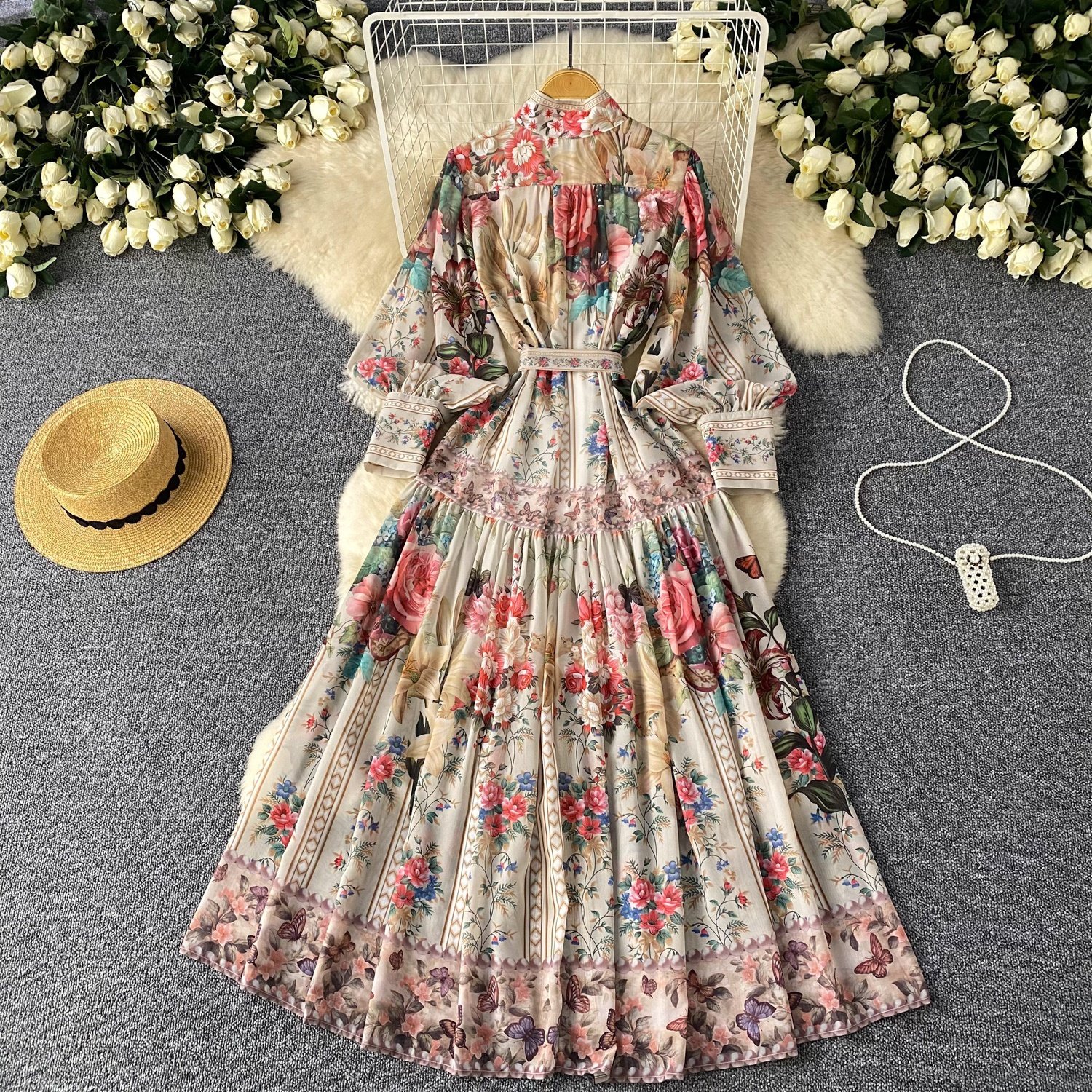 Europe And The United States Retro Women Lantern Sleeves Waist Tie Long Printed Dresses
