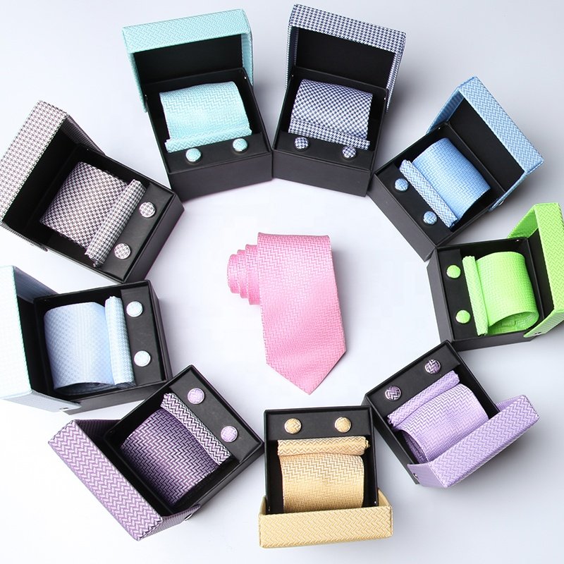 mens custom woven recycled polyester necktie eco tie pocket square and cufflink with gift box