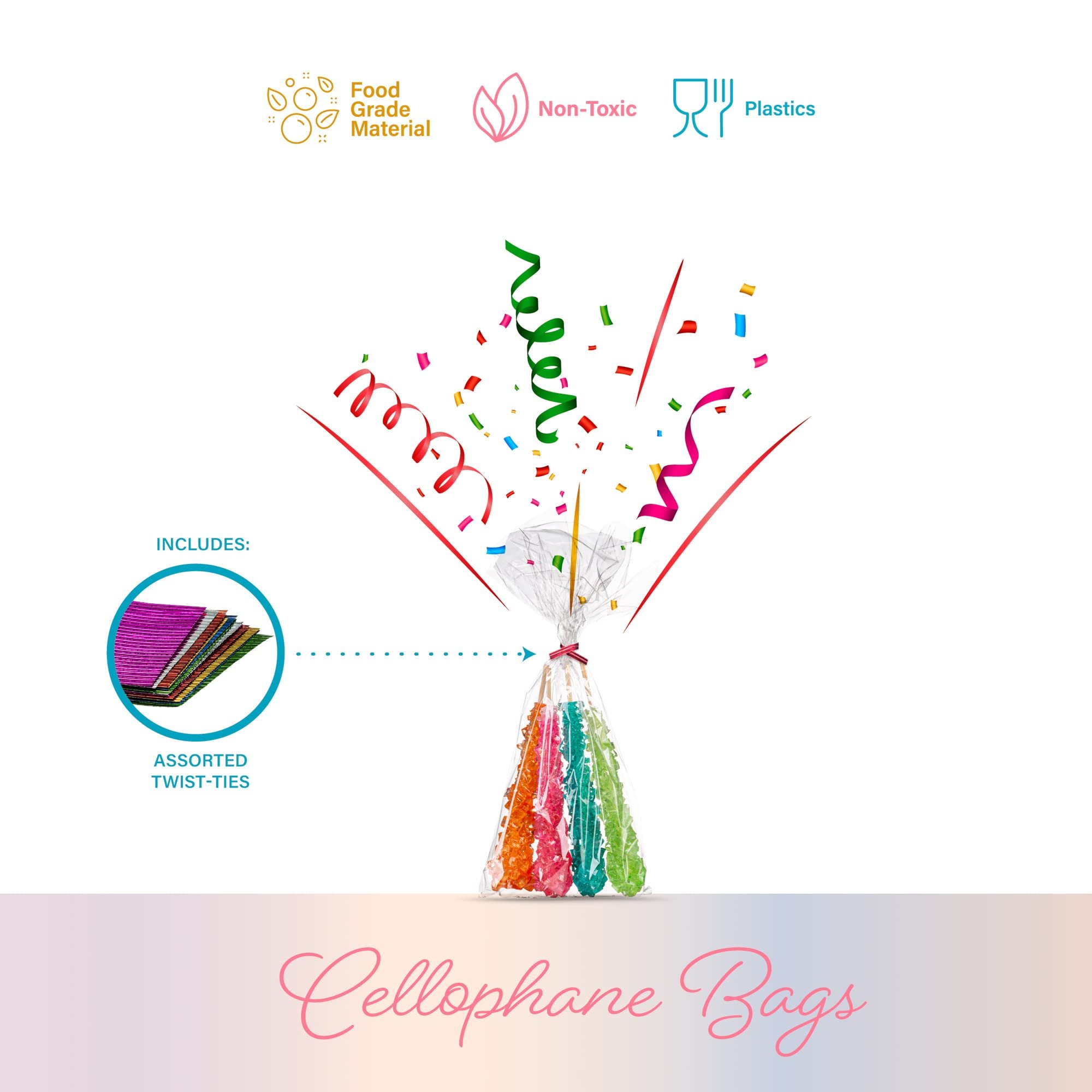 Transparent 1.5 Mils Opp Plastic Cellophane Bags Recyclable Side Gusset Goodie Bags with Twist Ties for Food & Candy Treats