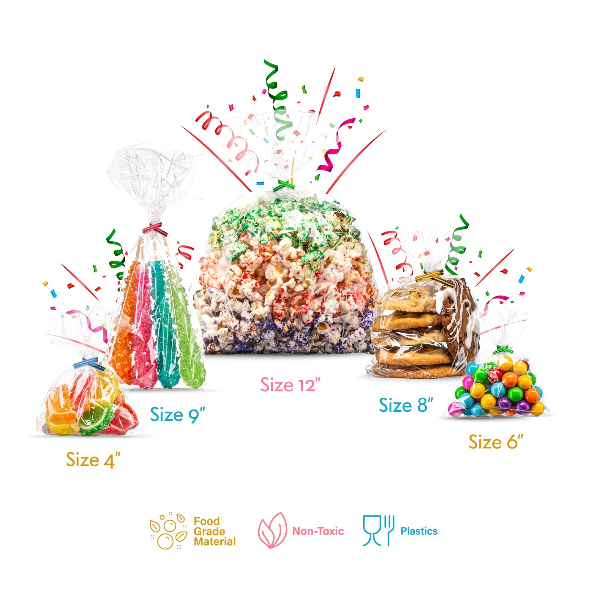 Transparent 1.5 Mils Opp Plastic Cellophane Bags Recyclable Side Gusset Goodie Bags with Twist Ties for Food & Candy Treats