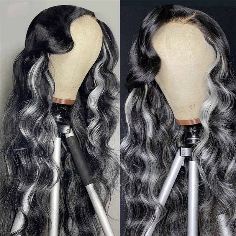 12A Grade Raw Silver Grey Ombre Human Hair Grey Wig Platinum Highlight Wigs Gray Highlight Body Wave Colored Lace Front Wigs