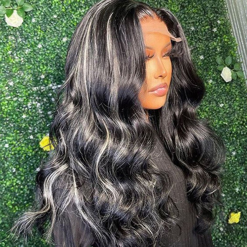 12A Grade Raw Silver Grey Ombre Human Hair Grey Wig Platinum Highlight Wigs Gray Highlight Body Wave Colored Lace Front Wigs