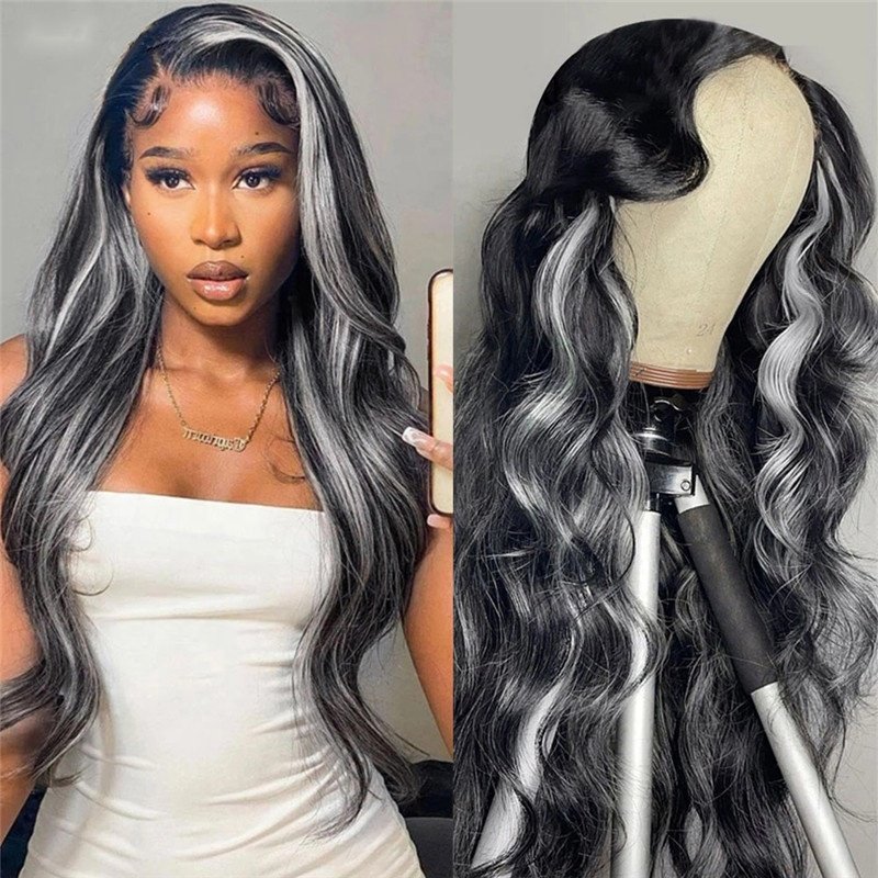 12A Grade Raw Silver Grey Ombre Human Hair Grey Wig Platinum Highlight Wigs Gray Highlight Body Wave Colored Lace Front Wigs