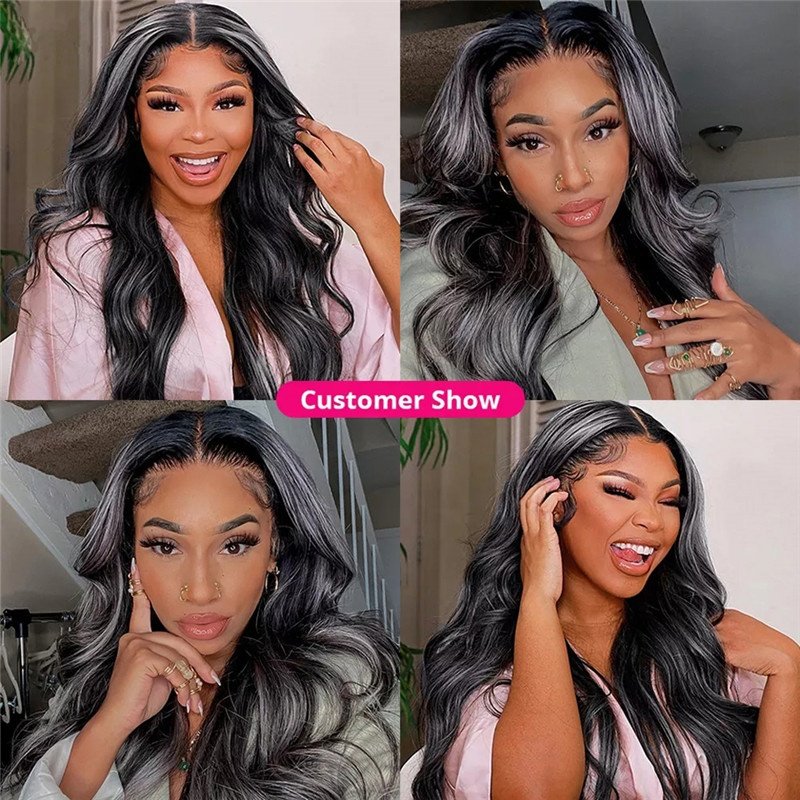 12A Grade Raw Silver Grey Ombre Human Hair Grey Wig Platinum Highlight Wigs Gray Highlight Body Wave Colored Lace Front Wigs