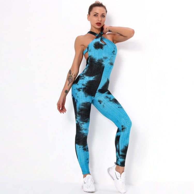 Trendy Cross strap Tie Dye Beauty Back Yoga Suit Female Sports Bubble Tie-Dye Print Legging Multi Color Hollow Jumpsuit Autumn