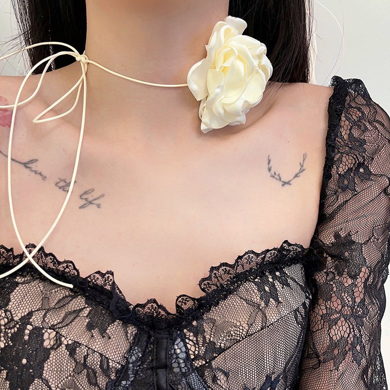 Vintage French Chic Pink Big Flowers Small Fragrant Black Chocker Necklace Tie Necklace Strap Necklace