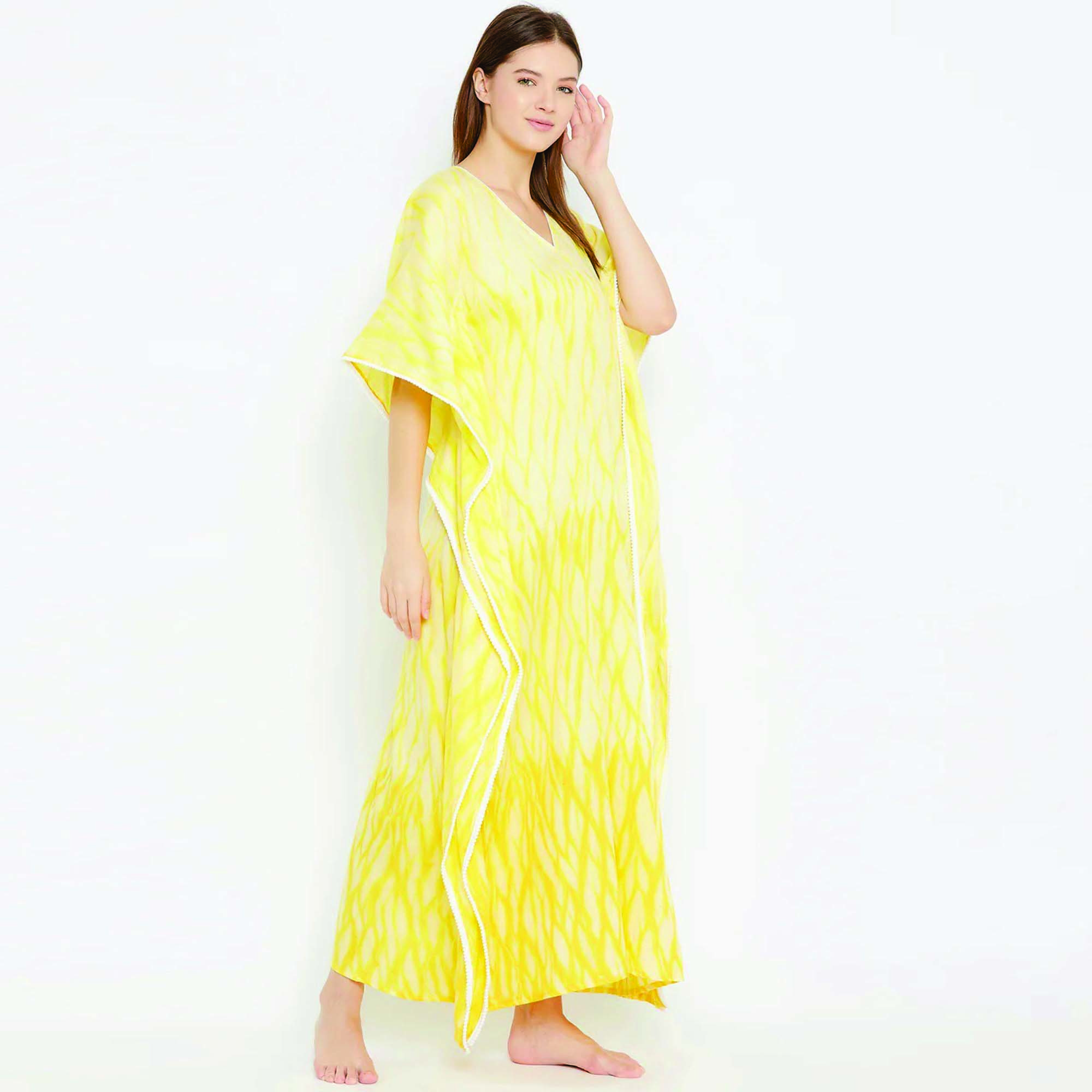 Custom 100% Cotton Maxi Length Shibori Handwoven Tie-Dye Kaftan Comfort Fit Yellow Traditional Muslim Clothing & Accessory