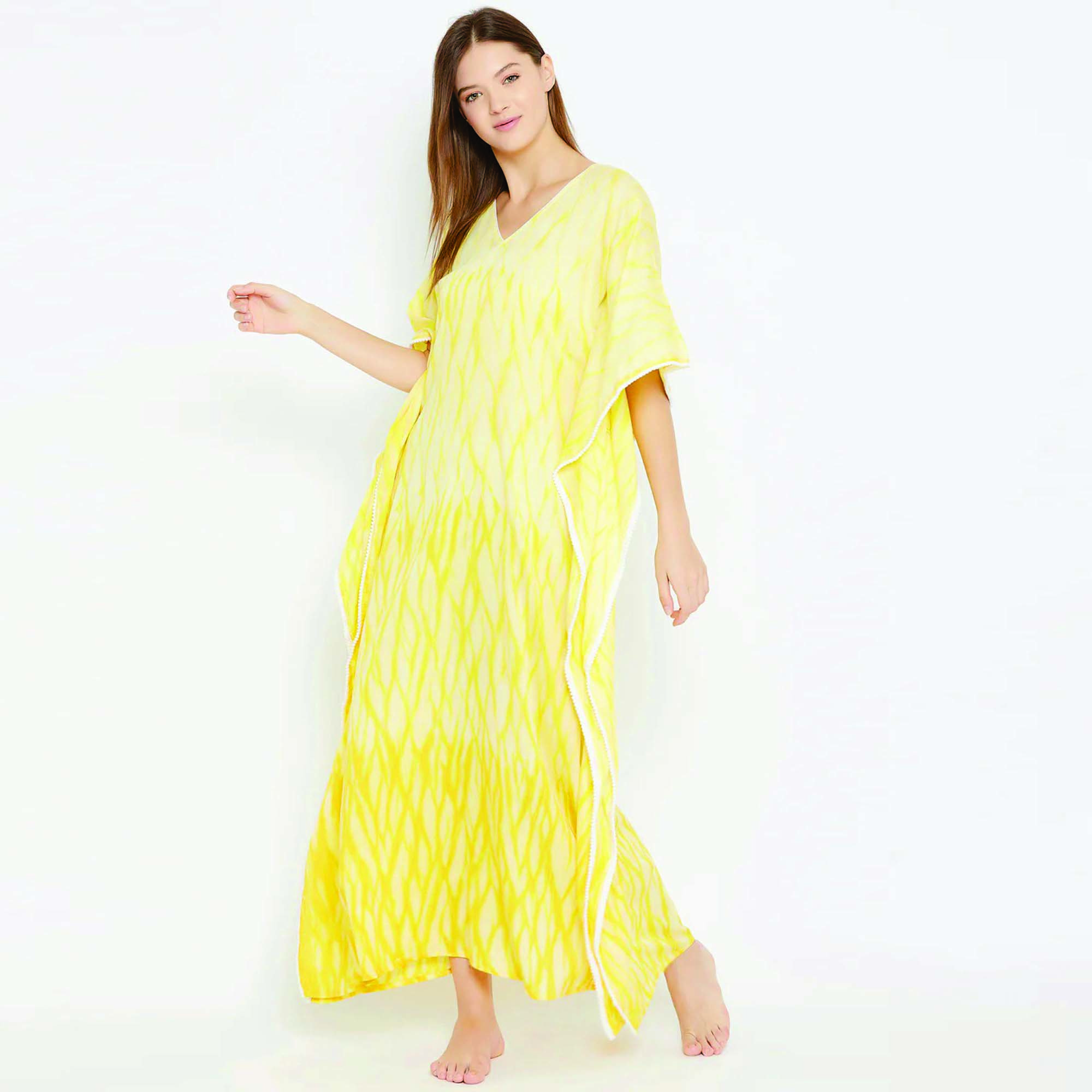 Custom 100% Cotton Maxi Length Shibori Handwoven Tie-Dye Kaftan Comfort Fit Yellow Traditional Muslim Clothing & Accessory