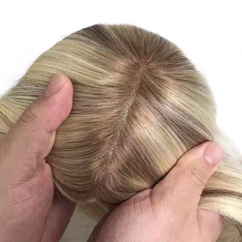 Wholesale Hand Tied 100% Natural Virgin Blonde Full Lace Human Hair Mono Lace Base Women Hair Topper With Clips In
