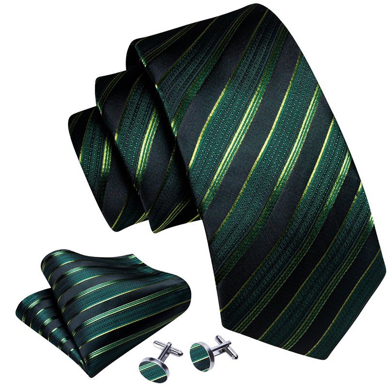 Formal Casual Business Fashion Design Dark Green Striped Woven Jacquard Men's Silk Tie Handkerchief Cufflinks Set