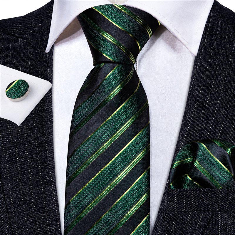 Formal Casual Business Fashion Design Dark Green Striped Woven Jacquard Men's Silk Tie Handkerchief Cufflinks Set