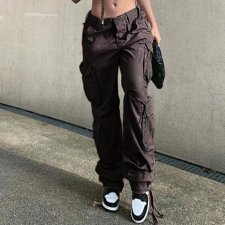 Custom OEM Manufacturer Vintage Pockets High Waist Streetwear baggy Casual ladies Long parachute Cargo Pant for women Trousers
