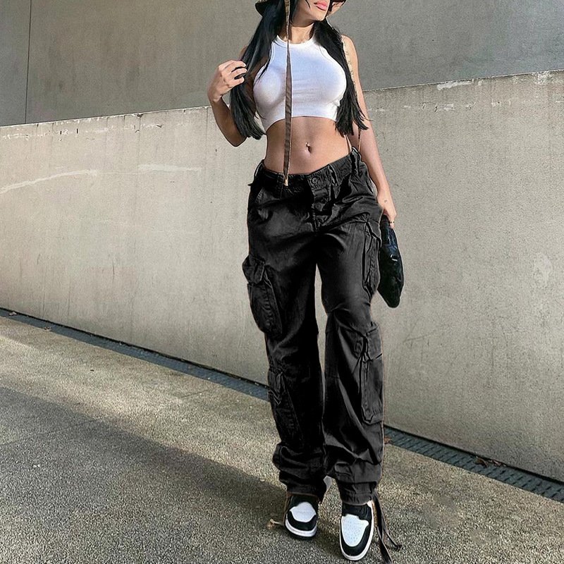 Custom OEM Manufacturer Vintage Pockets High Waist Streetwear baggy Casual ladies Long parachute Cargo Pant for women Trousers