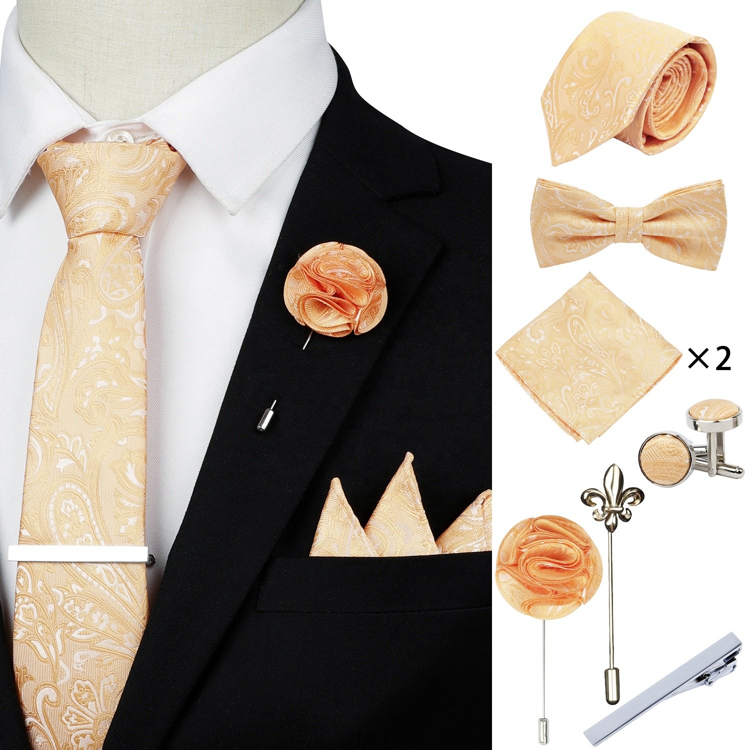Custom Collection Blue Wedding Necktie Set Gift Set Polyester Tie for Men with Brooches Gift Boxes