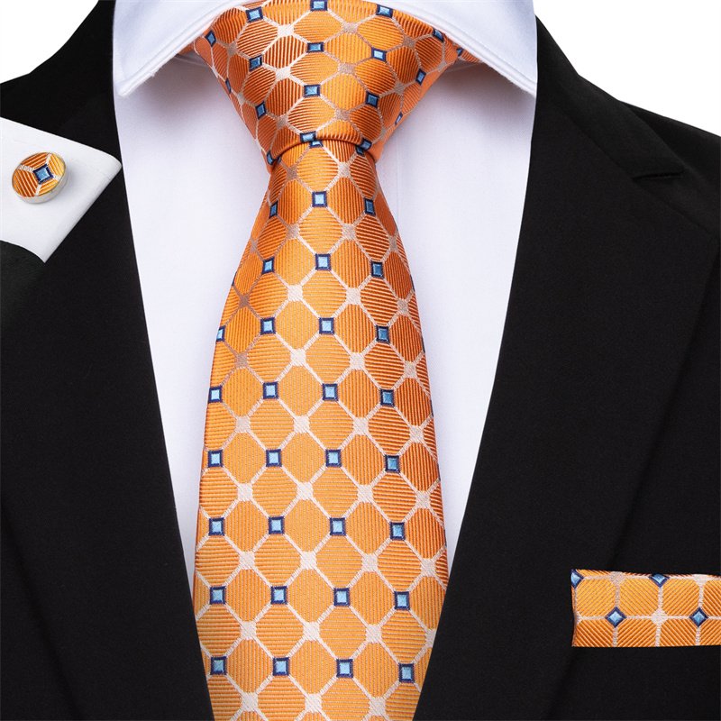 High Quality Luxury Business Fashion Men Gift Orange Plaid Checked Tie Jacquard Woven Silk Necktie Pocket Square Cufflinks Set