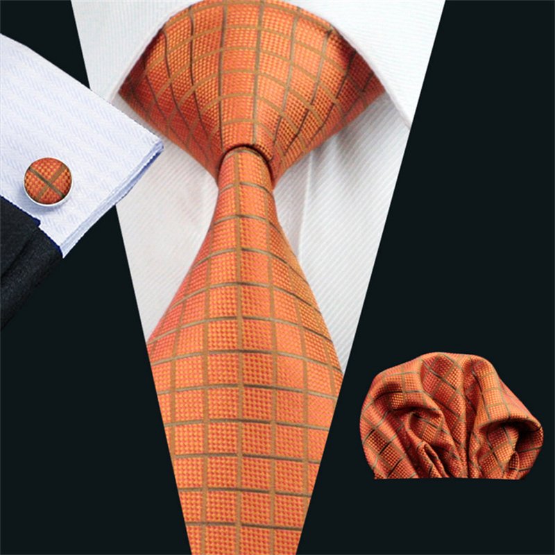 High Quality Luxury Business Fashion Men Gift Orange Plaid Checked Tie Jacquard Woven Silk Necktie Pocket Square Cufflinks Set