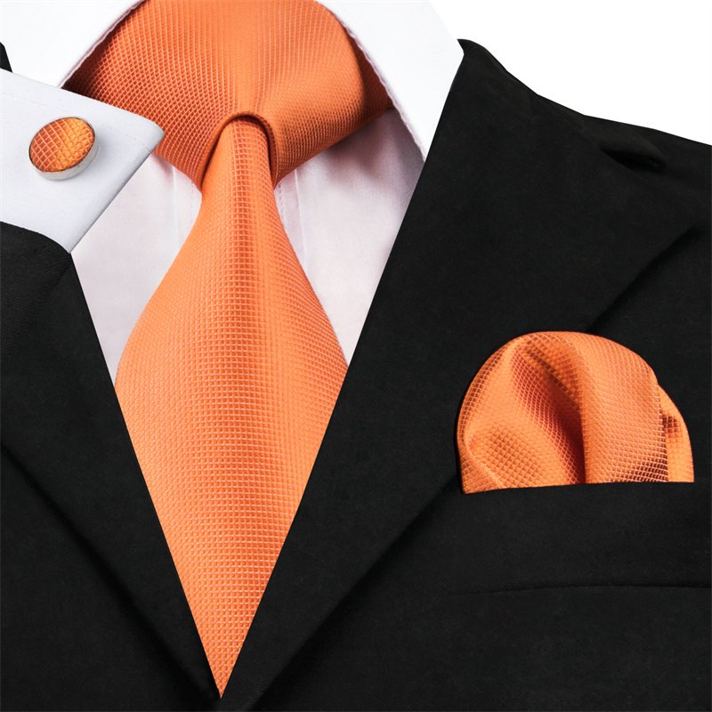 High Quality Luxury Business Fashion Men Gift Orange Plaid Checked Tie Jacquard Woven Silk Necktie Pocket Square Cufflinks Set
