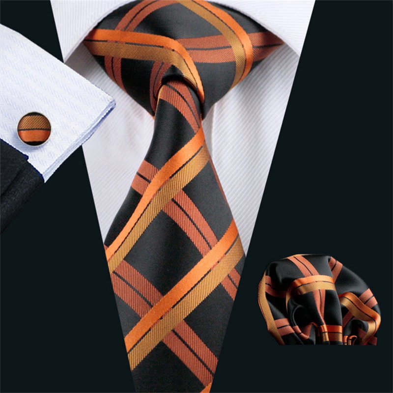 High Quality Luxury Business Fashion Men Gift Orange Plaid Checked Tie Jacquard Woven Silk Necktie Pocket Square Cufflinks Set