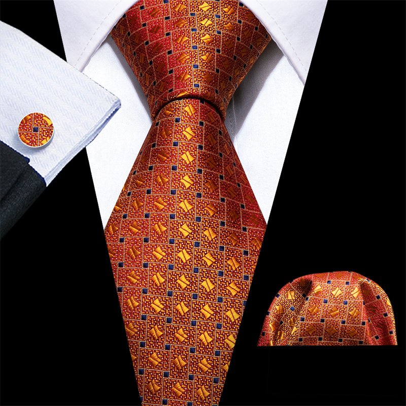 High Quality Luxury Business Fashion Men Gift Orange Plaid Checked Tie Jacquard Woven Silk Necktie Pocket Square Cufflinks Set