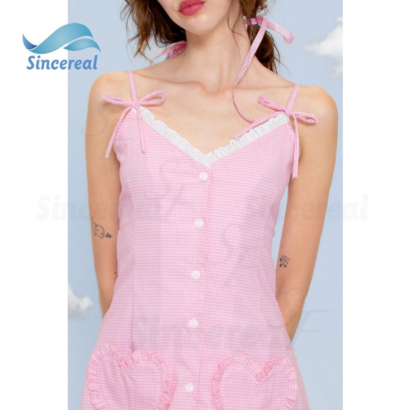 OEM new women's summer sleeveless tie corset pleated square neckline casual home ladies dress summer hot sale pink mini dress