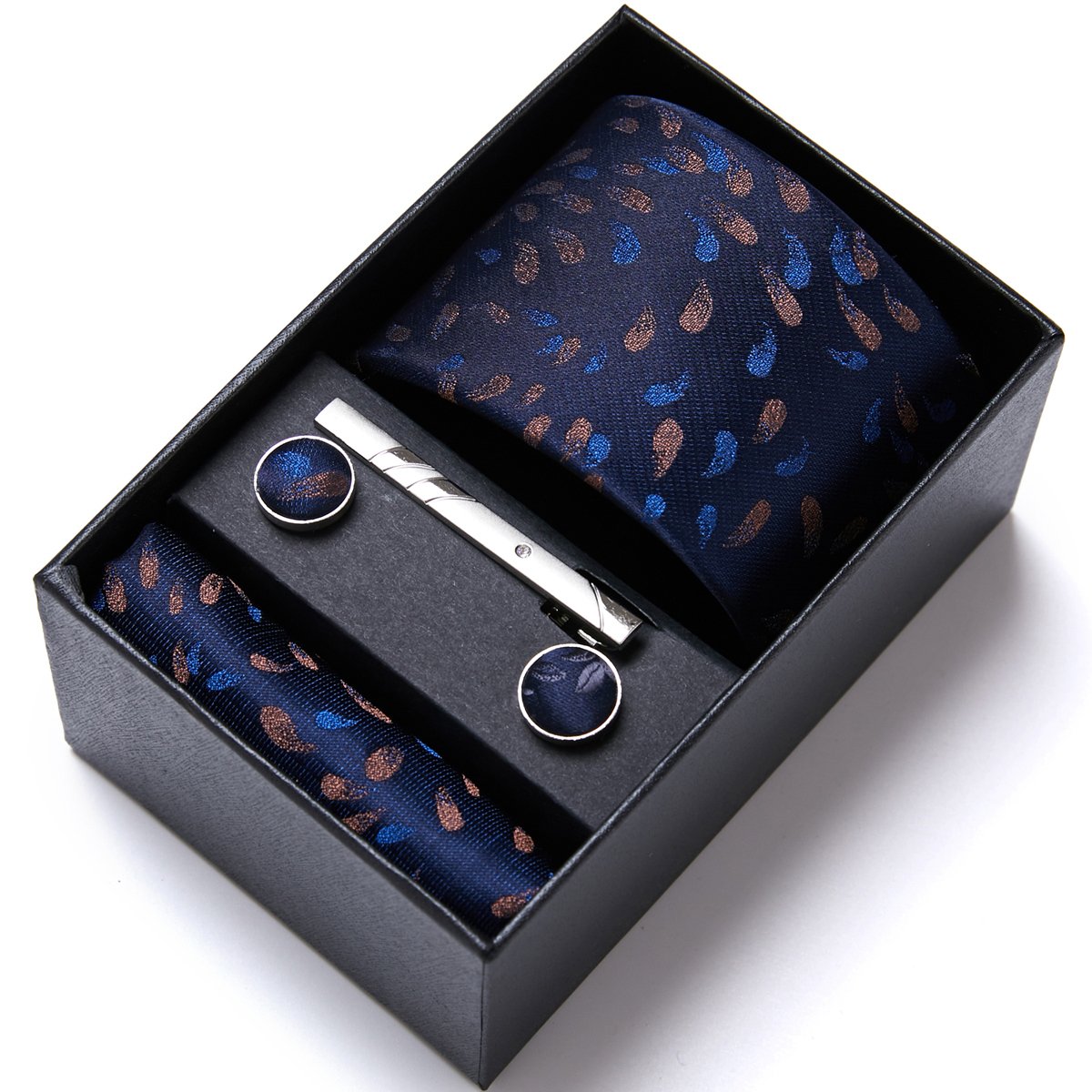 High Grade Fashion 7.5 cm Tie Handkerchief Cufflink Set Necktie Box Blue Floral Suit Accessories Holiday Gift Box
