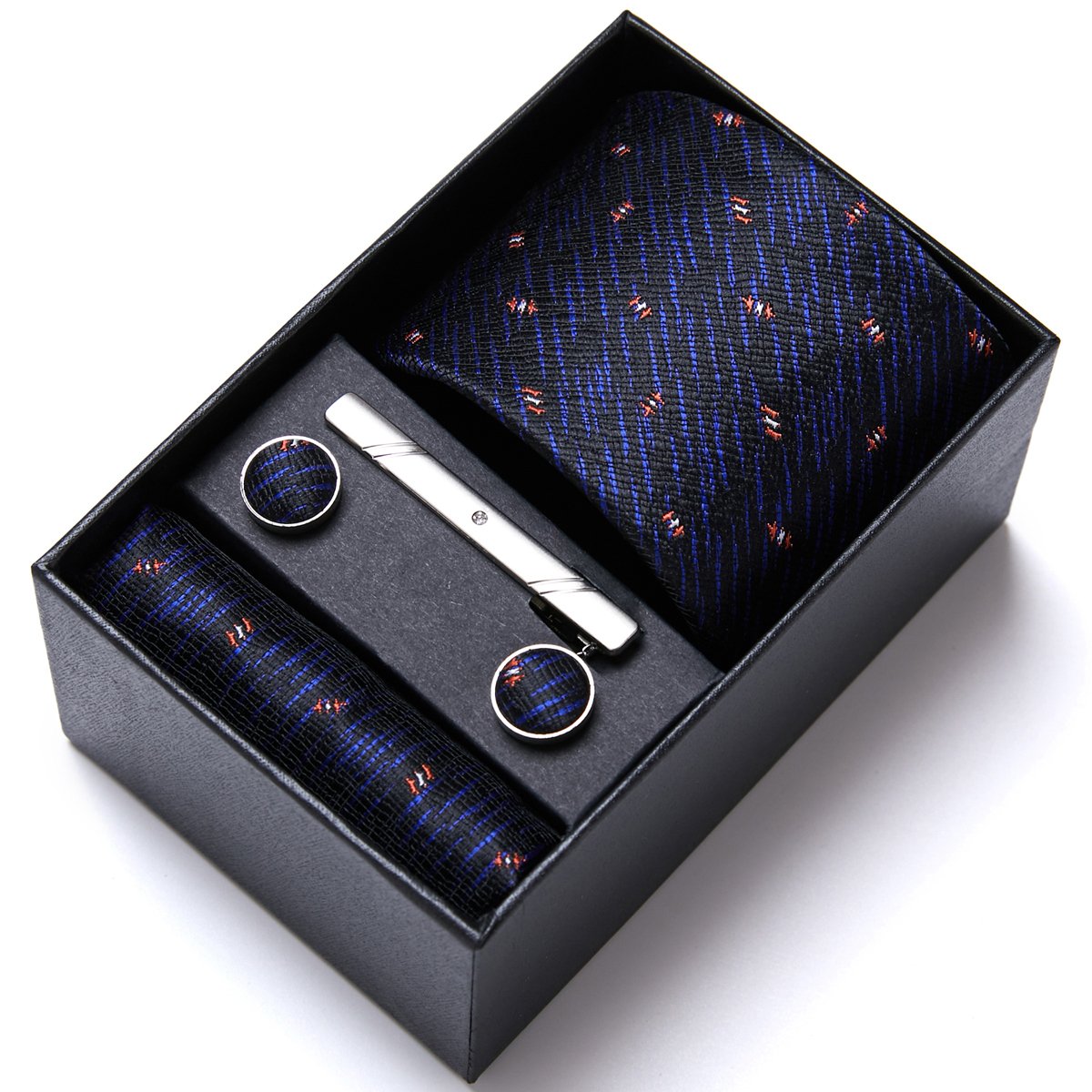 High Grade Fashion 7.5 cm Tie Handkerchief Cufflink Set Necktie Box Blue Floral Suit Accessories Holiday Gift Box