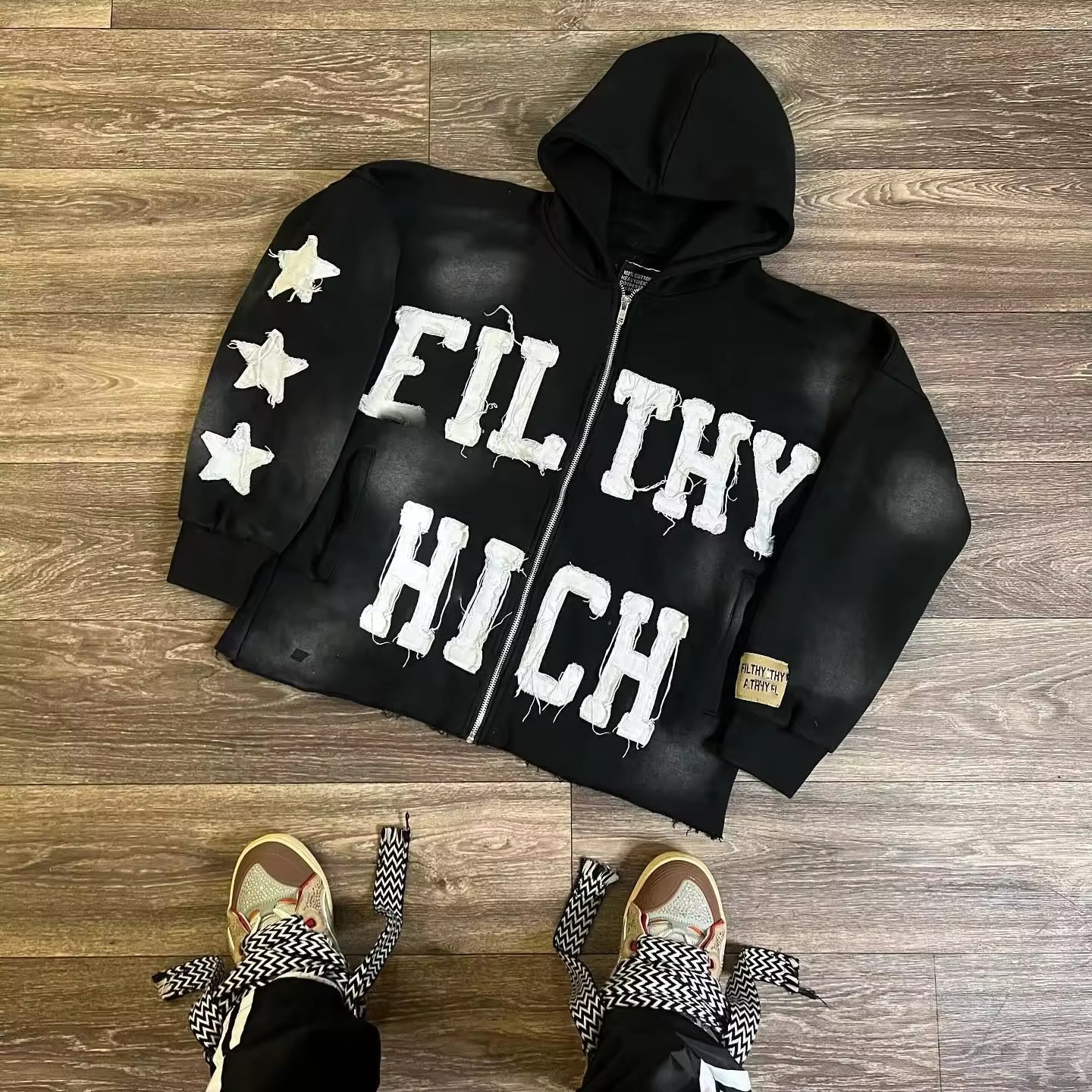 Custom wholesale Sweatshirt Oversized 500gsm Acid Washed Sweatshirt Embroidery Mens Hoodie Puff Print Full Zip Up Hoodie
