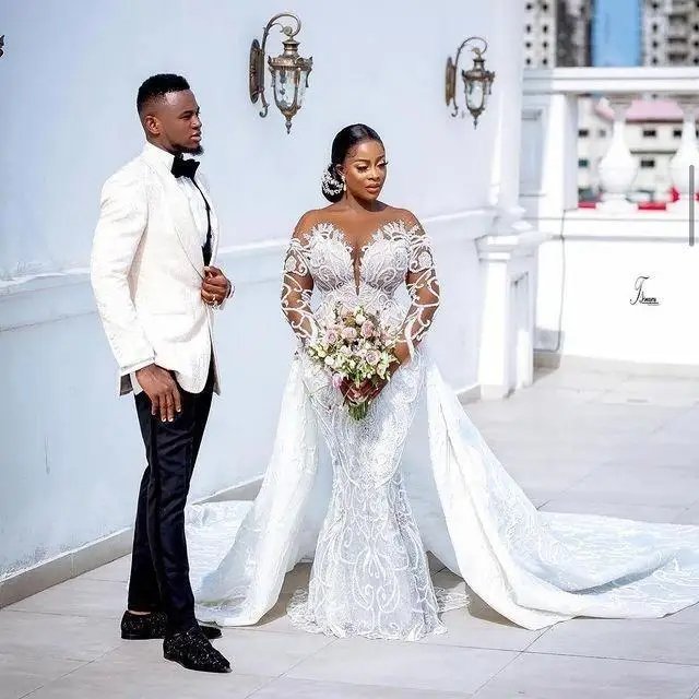 2024 New African Mermaid Slim Wedding Dress Long Sleeve Skin Color Lace Round Neck Ties Bridal Wedding Dress