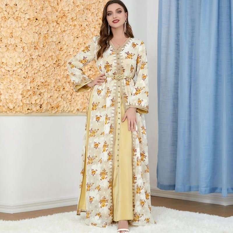 Luxury Moroccan Kaftan Muslim Sets for Women Ramadan Arabic Embroidery Abaya Dress Eid Islamic Robe Jalabiya Marocain Clothes