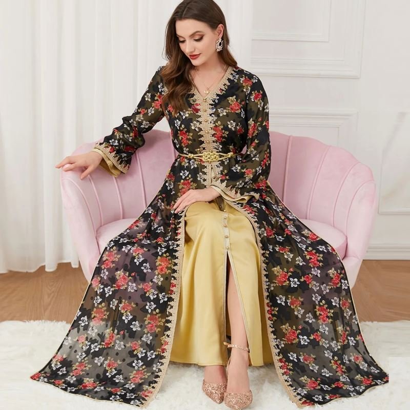 Luxury Moroccan Kaftan Muslim Sets for Women Ramadan Arabic Embroidery Abaya Dress Eid Islamic Robe Jalabiya Marocain Clothes