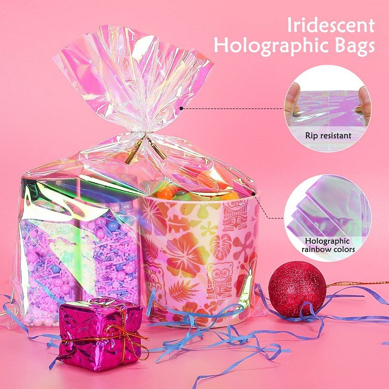 Clear Cello Bags Iridescent Holographic Goodie Bags Cellophane Treat Bags with Twist Ties