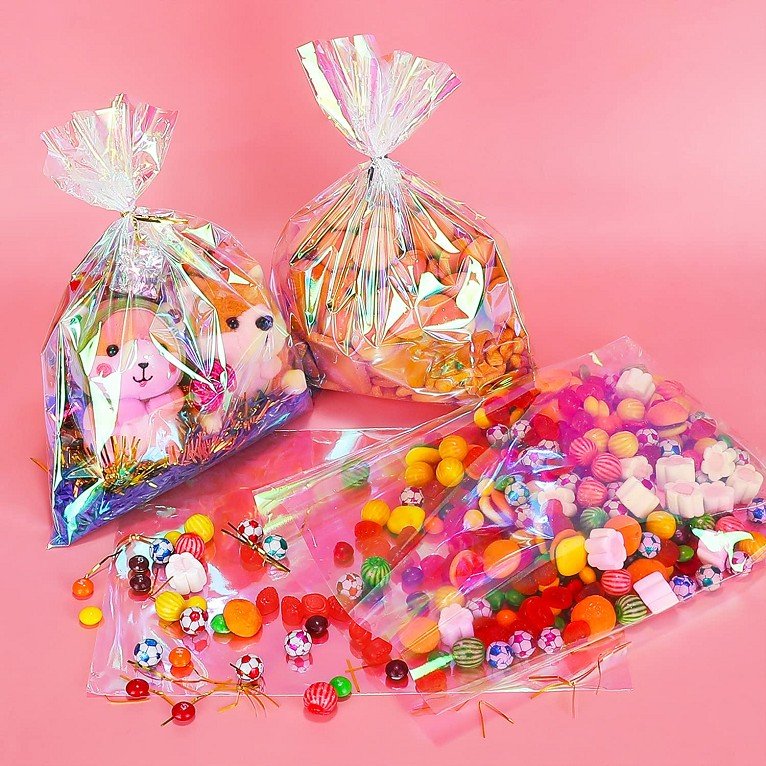 Clear Cello Bags Iridescent Holographic Goodie Bags Cellophane Treat Bags with Twist Ties