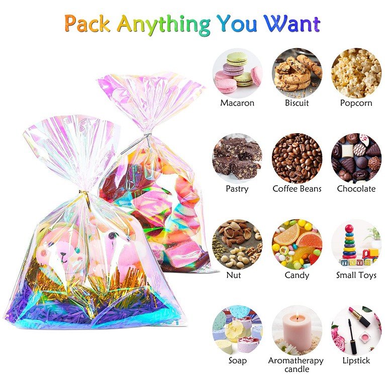 Clear Cello Bags Iridescent Holographic Goodie Bags Cellophane Treat Bags with Twist Ties