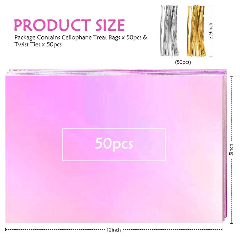 Clear Cello Bags Iridescent Holographic Goodie Bags Cellophane Treat Bags with Twist Ties
