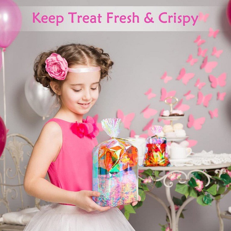 Clear Cello Bags Iridescent Holographic Goodie Bags Cellophane Treat Bags with Twist Ties