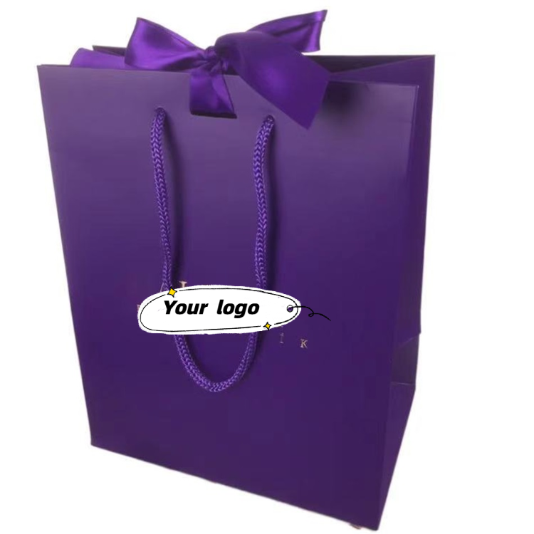 Sac en papier violet purple paper bags with silk satin ribbon tie with PP cord handle shopping bag for clothes for shoe for gift
