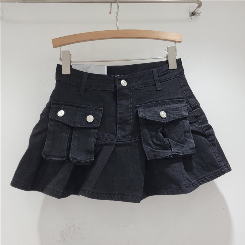 wholesale spring 2024 women's jeans skirt pocket denim clothes sexy pleated skirt vintage A-line skirt for women