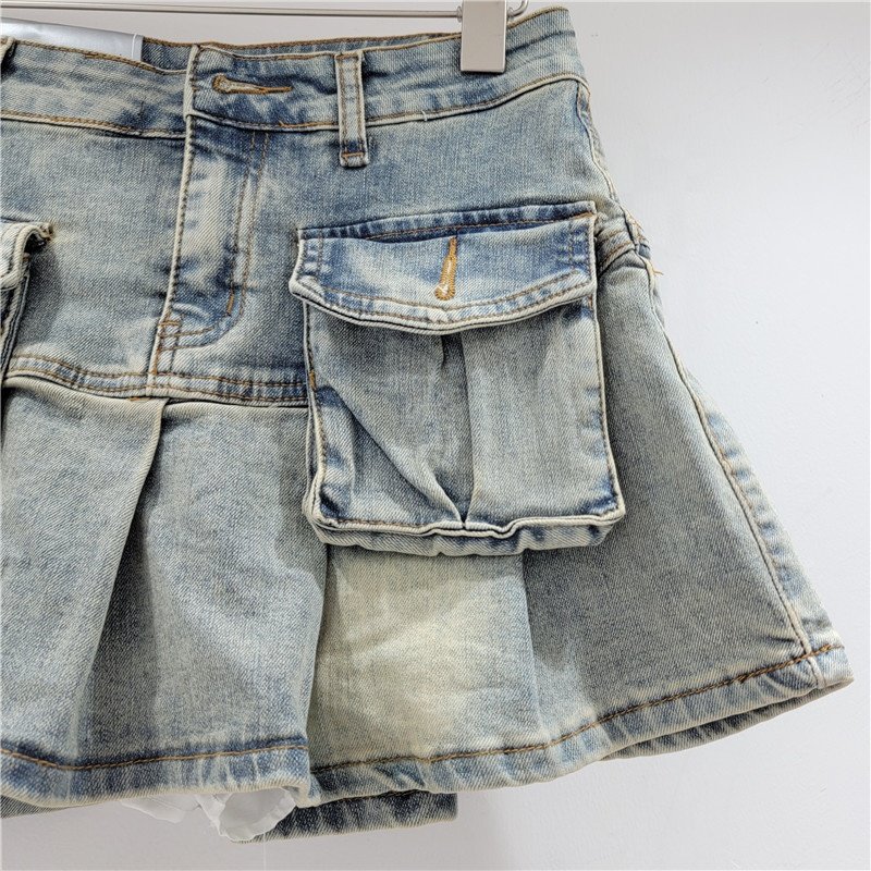 wholesale spring 2024 women's jeans skirt pocket denim clothes sexy pleated skirt vintage A-line skirt for women