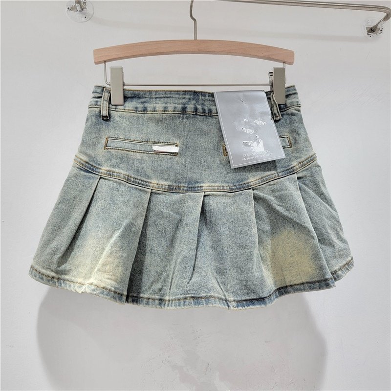 wholesale spring 2024 women's jeans skirt pocket denim clothes sexy pleated skirt vintage A-line skirt for women