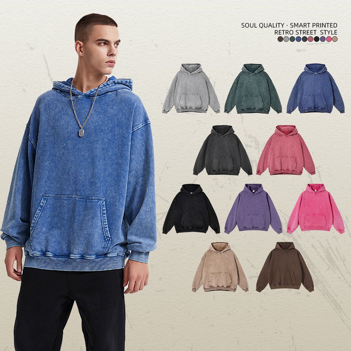 Blank Heavyweight Streetwear Washed 500 Gsm Stonewash Hoodie Manufacturer Oversize Acid Wash Custom Men's Hoodies Sweatshirts