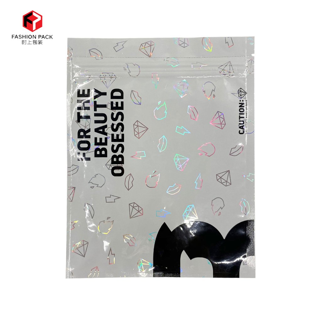 Digital Printing 3 Side Seal Plastic Bag Cosmetic Holographic Packaging Zip Lock Clear Pouch