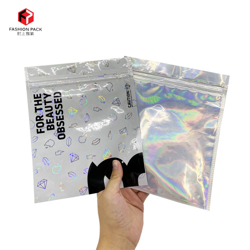 Digital Printing 3 Side Seal Plastic Bag Cosmetic Holographic Packaging Zip Lock Clear Pouch