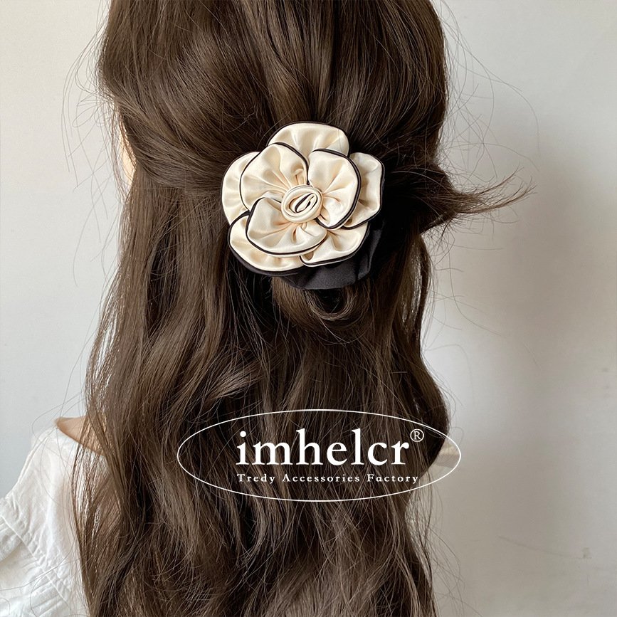 YANYE Fashion Elegant Small Fragrance Black White Camellia Fabric Label Hair Band Large Intestine Hair Tie Scrunchies