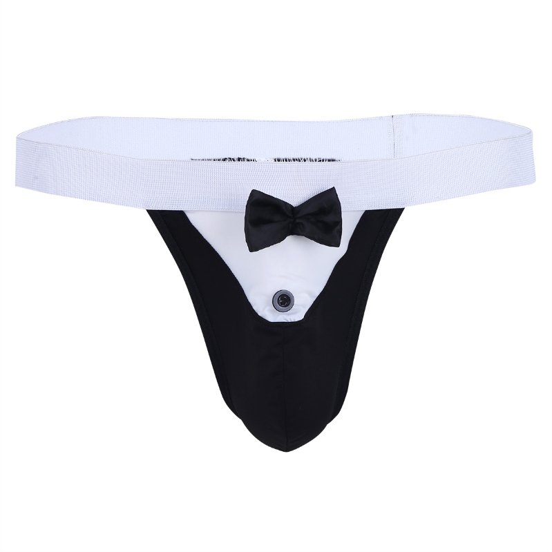 High Quality Sexy Tuxedo Bow Tie Pouch Bikini Thong Underwear G String Costume Mens Briefs With Bow